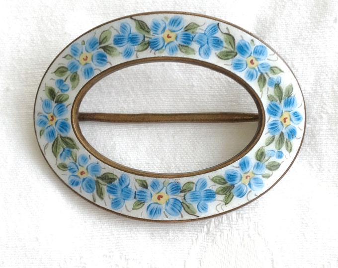 Vintage Enamel Brooch, Forget-Me-Not Flowers, Blue and White Sash Pin, Forget-Me-Not Jewelry