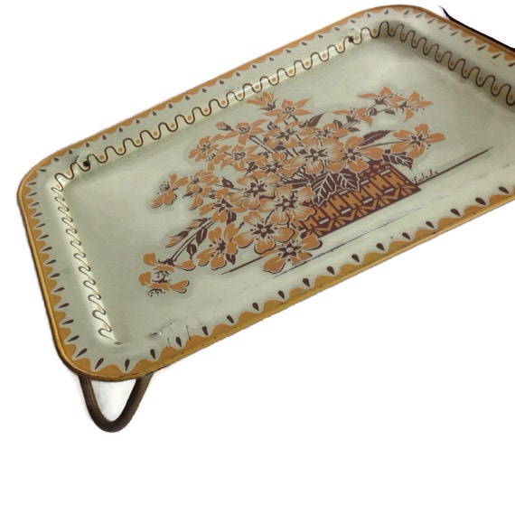 Mid Century Lap Bed Tray Metal with Folding Legs Floral Signed