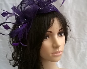 Purple Feather Fascinator Rosette & loops with crystal stamens on a headband Wedding races