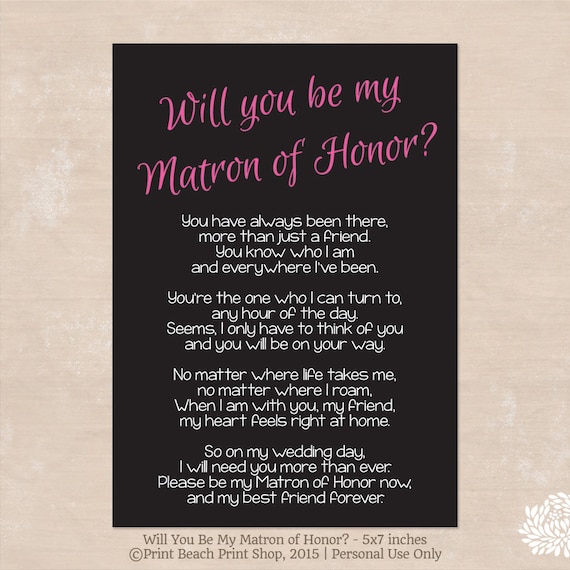 Will You Be My Matron of Honor Poem Instant by PalmBeachPrints