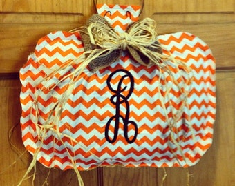 Personalized Fall pumpkin chevron burlap door hanger