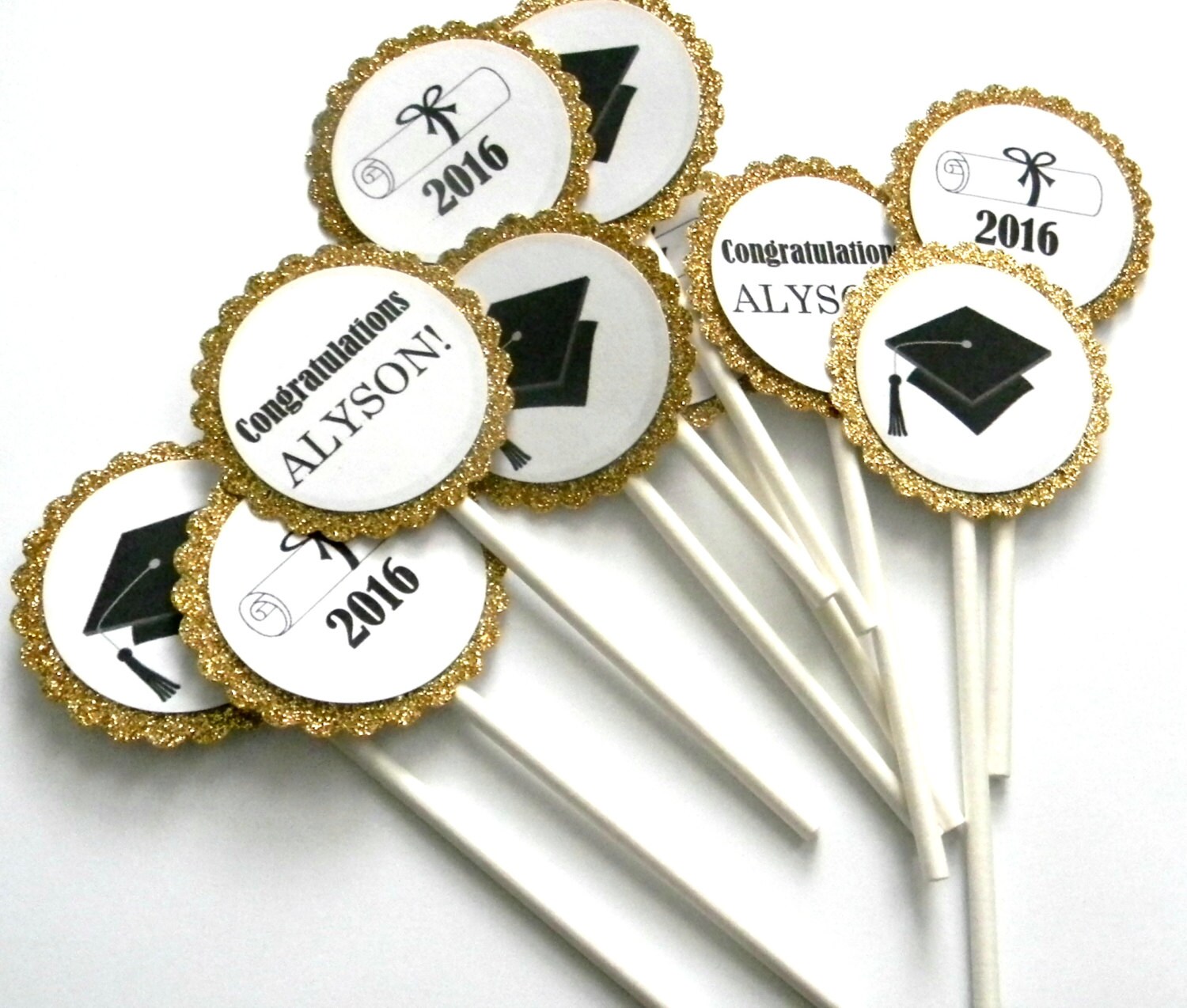 12 Gold Graduation Cupcake Toppers Grad Party 12 Gold Graduation Cupcake Toppers Grad Party