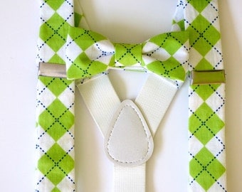 Baby boy suspenders and bow tie, lime green bowtie set, infant suspenders, boy baby wedding outfit, ring bearer outfit - made to order