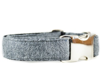 Classic Herringbone Dog Collar in Grey - Flannel Gray and White Wool Geometric Modern Boy Dog Collar