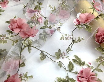 SALE Organza lace fabric with pink 3D chiffon rosette flowers appliques, fabric by yard