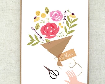 Merci card- greeting card- merci- bouquet- carte merci