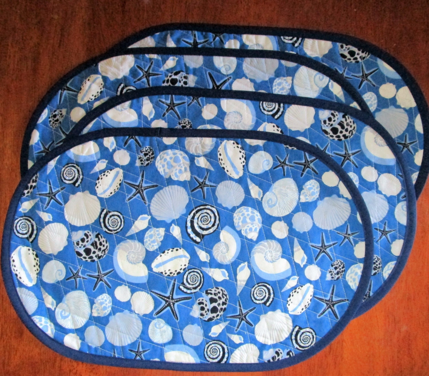 Handmade Quilted Oval Placemats Blue and White Sea Shell