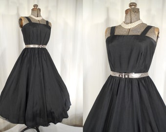 Vintage 1950s Dress / 50s Black Silk Dress / Summer Swing Dress Small / Full Skirt