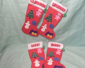 Family retro Christmas stocking set / 4 homemade hanging vintage felt stockings / Grandmom Granddad, Mommy, Daddy