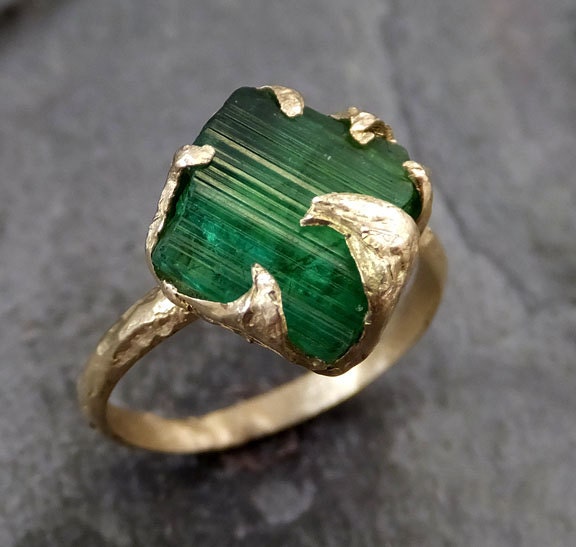 Raw Green Tourmaline Gold Ring Rough Uncut Gemstone by byAngeline