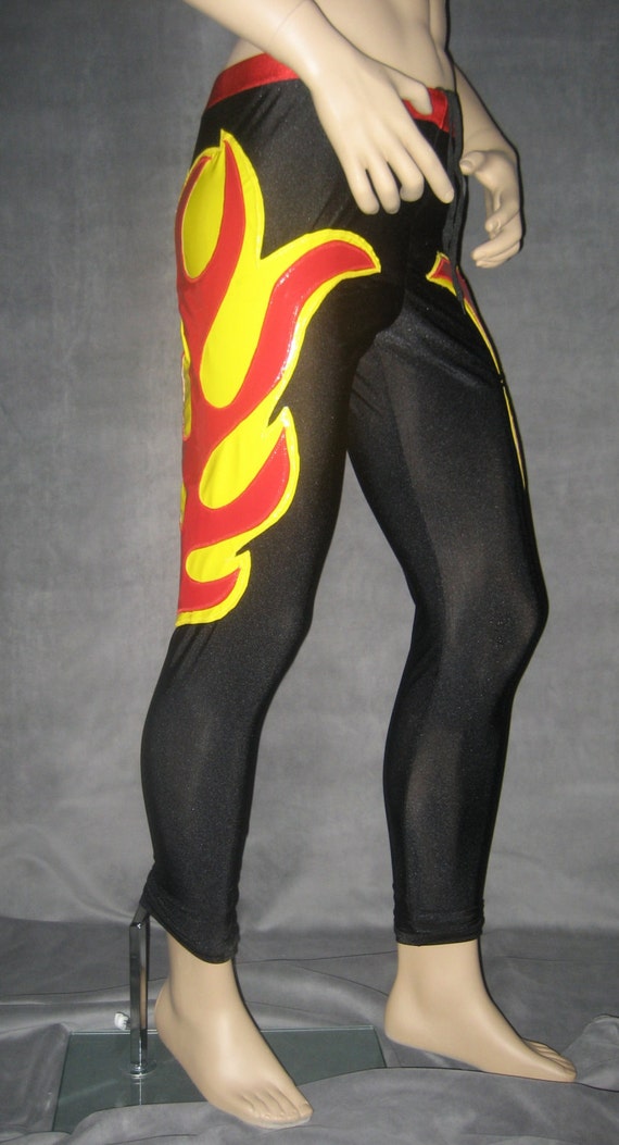 Items similar to Pro Wrestling Tights black with red and yellow flames