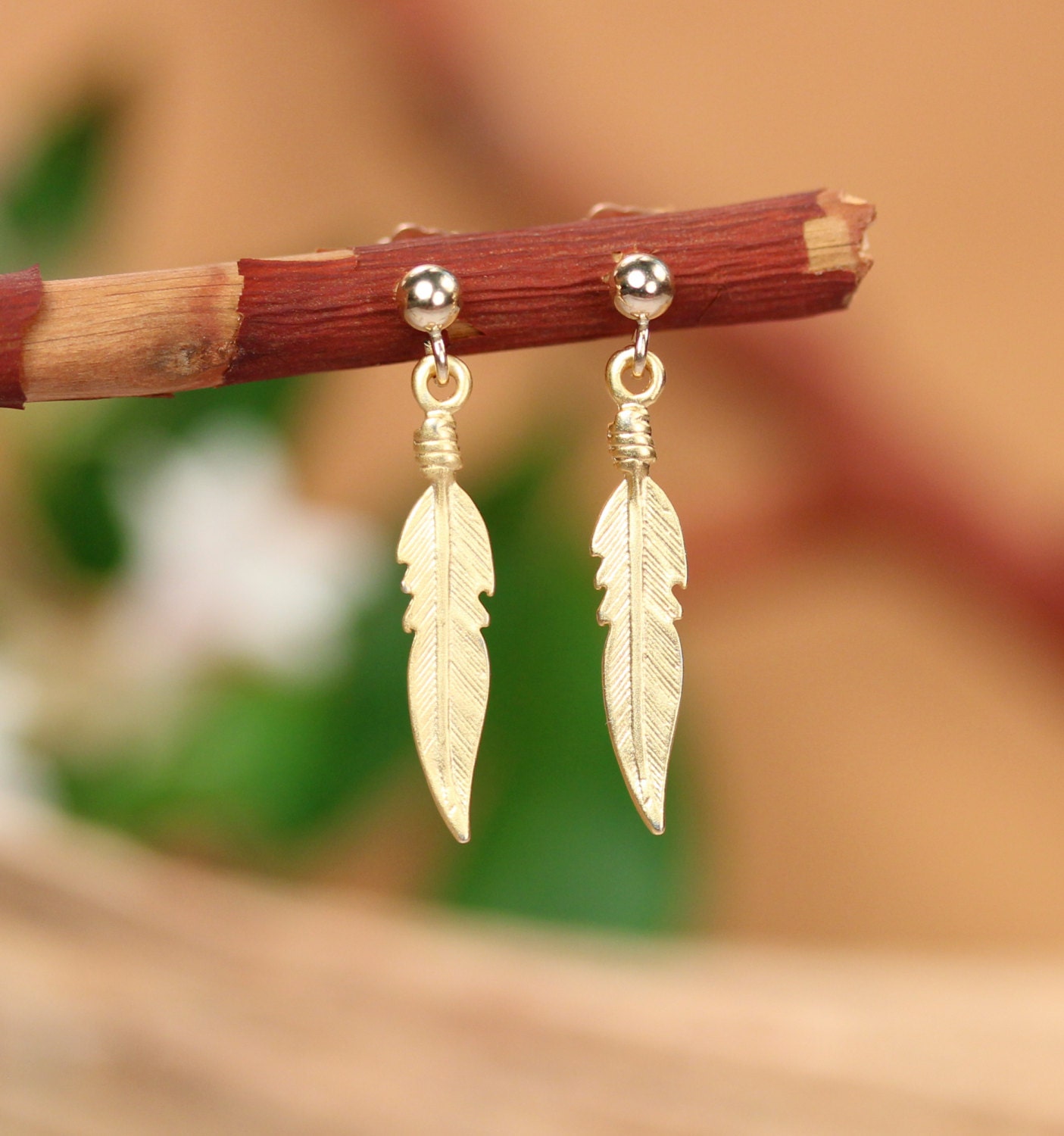 Gold feather earrings bohemian earrings feather stud earrings