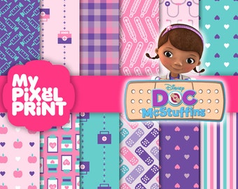 Doc McStuffins Disney Junior Inspired - Purple Pink Teal Birthday Party Girls Lambie Stuffy Patterns - Digital Scrapbooking Paper Pack