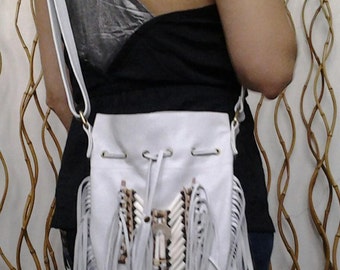 N45M- Reduced Price! Medium White Indian leather Handbag, Native American Style bag.Crossbody bag
