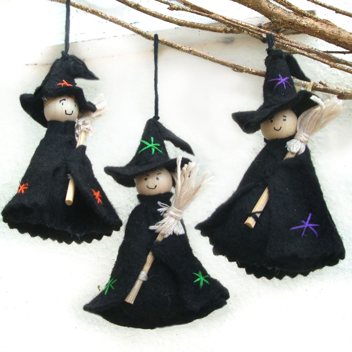 Cute Halloween Witch Ornaments with a Tiny Broomstick