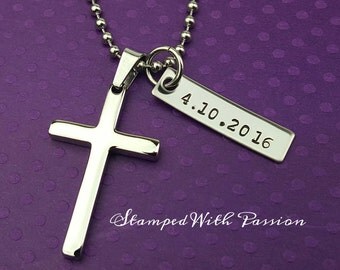 SALE - Baptism Date - Men's Cross Necklace - Boys Confirmation Gift - Personalized Date - Silver Cross Jewelry - Baptism Gift - Communion