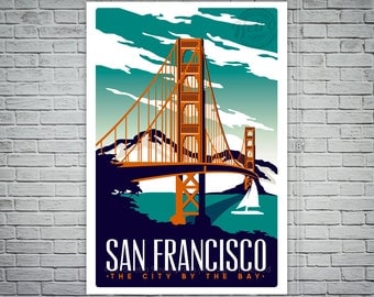 San Francisco Travel Poster Vintage Golden Gate Bridge Screen Print