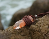 Boho Leather Wrapped Healing Crystal Quartz with Unknown Orange Mineral Inclusion Necklace