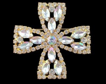 Vintage Aurora Borealis Rhinestone Maltese Cross Gold Tone Pin Brooch