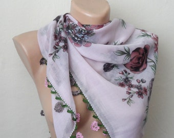 lila scarf purple flower green brown cotton turkish yemeni oya handmade