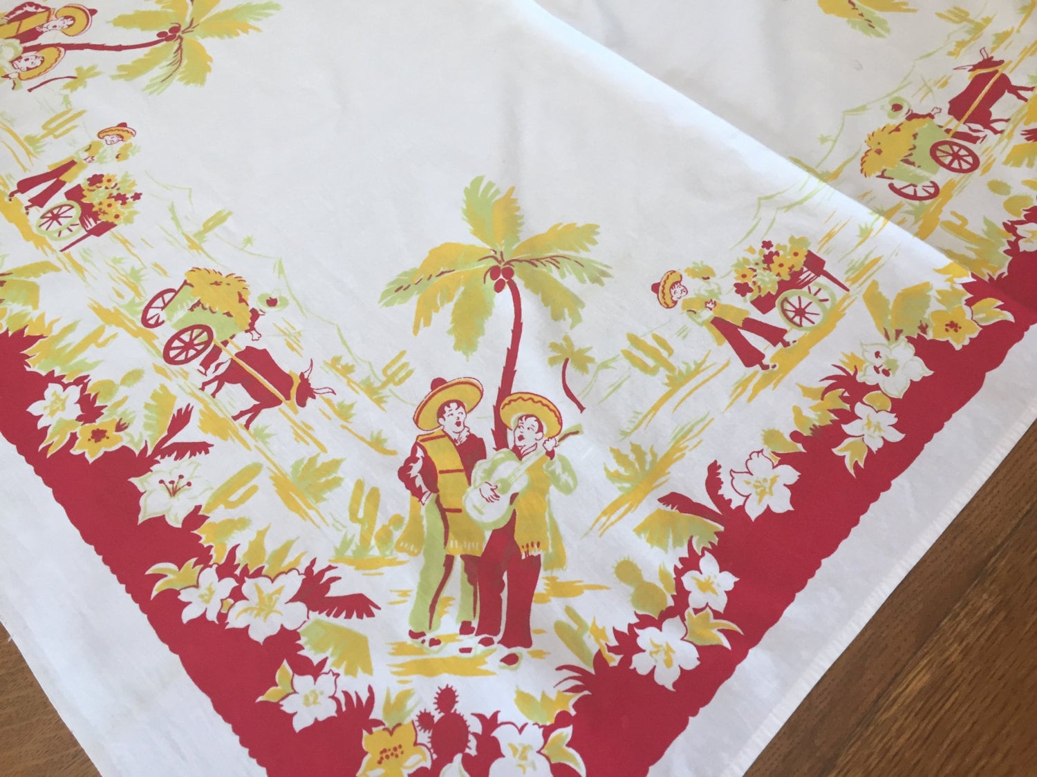 Vintage Mexico Tablecloth Cotton Print Red Yellow White