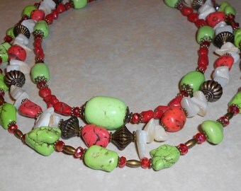 Red White and Green Turquoise Howlite with Crystal BeadsStatement Necklace and Earrings ~ Western Bling ~ Cowgirl ~ Western Cowgirl ~ Chunky
