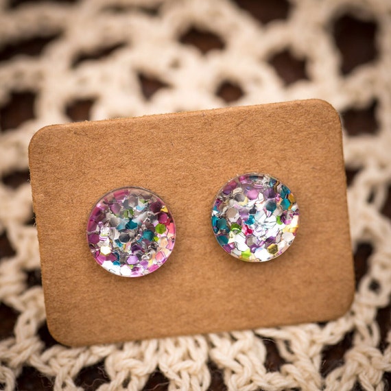 FREE SHIPPING - Glitter Earrings - Glass Stud - Surgical Steel - Rainbow Glitter - Handmade - Sparkle Gold Green Silver Red Blue