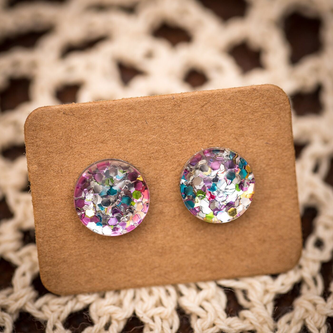 FREE SHIPPING Glitter Earrings Glass Stud Surgical Steel