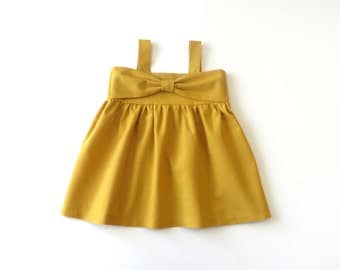 Mustard Yellow Bow Dress - baby dress, bow dress, baby girl, infant dress, toddler dress, girl's dress, mustard yellow