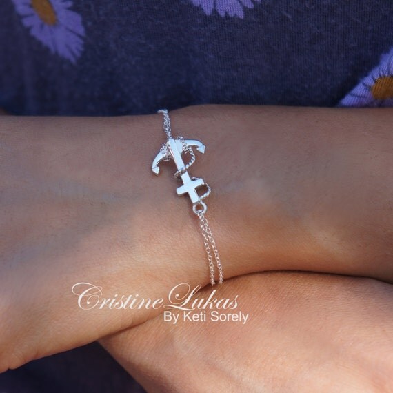 Silver,  Bracelet double  cross pendant Anchor Chain  Rose  Double With meaning Sideways Sterling