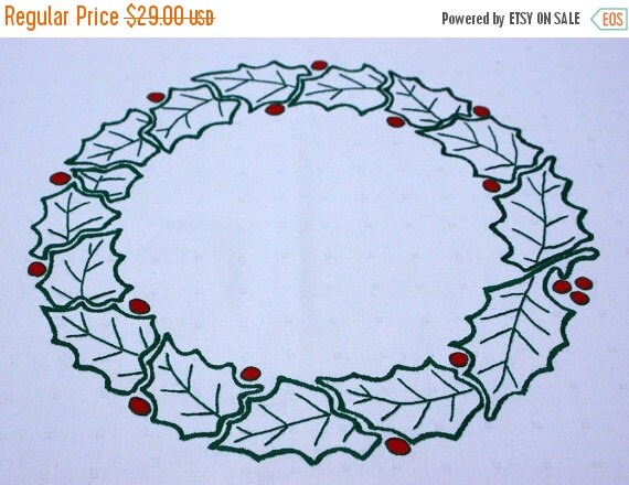 25% off CHRISTMAS SALE NEW ! Our white hand embroidered cotton square Christmas Wreath tablecloth with Holly embroidery handmade table cloth