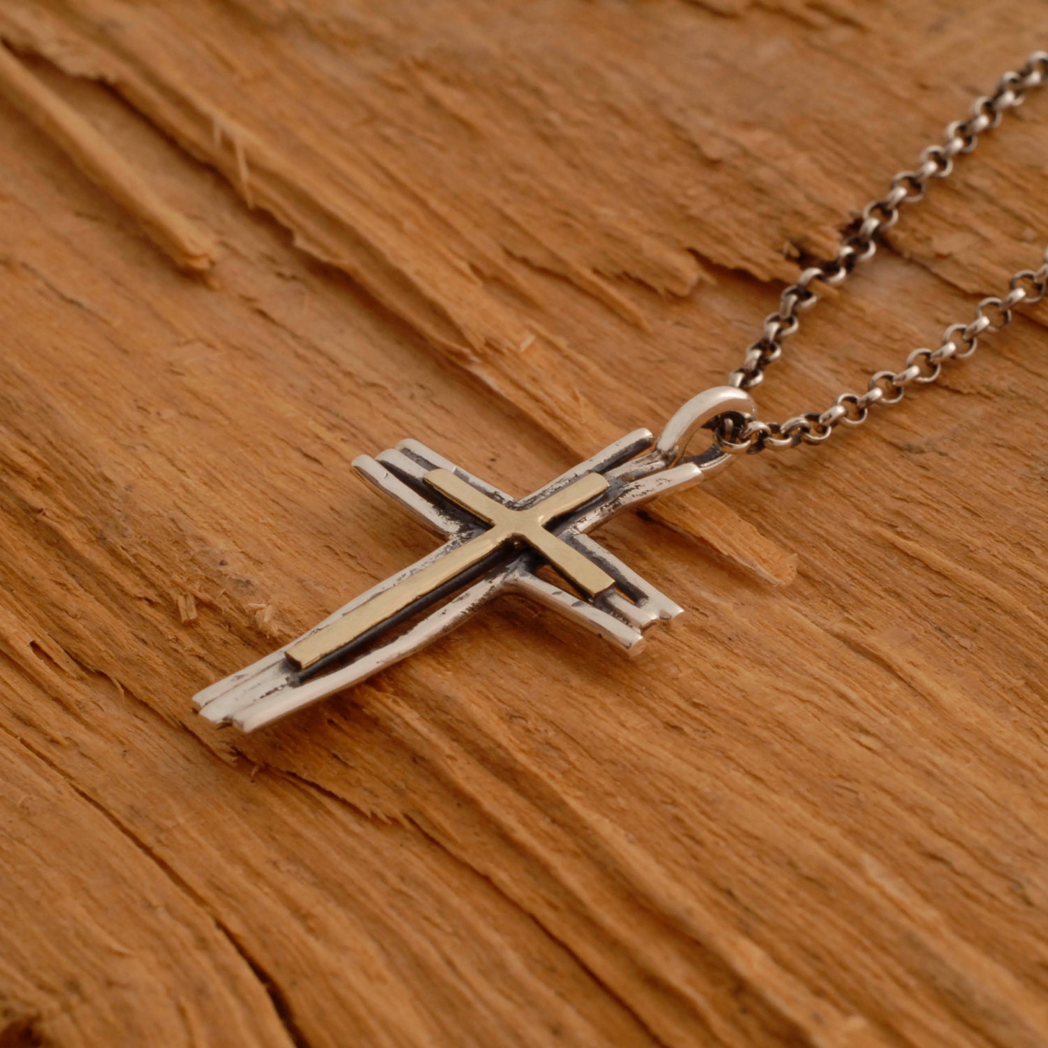 Rustic Gold and Silver Cross Necklace Mens by SilverJewelleryPlus