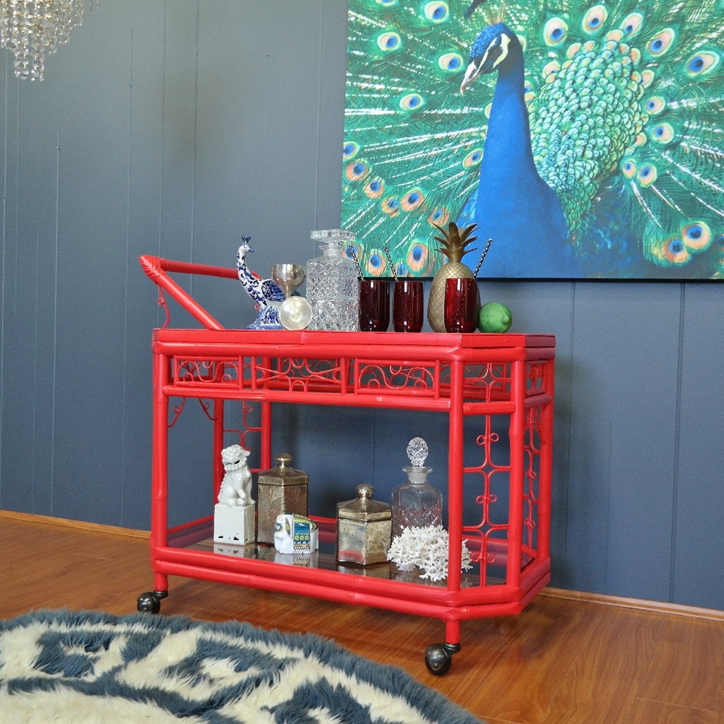 1970s VINTAGE BOHEMIAN bar cart trolley peacock bamboo hollywood regency palm beach Haute Juice