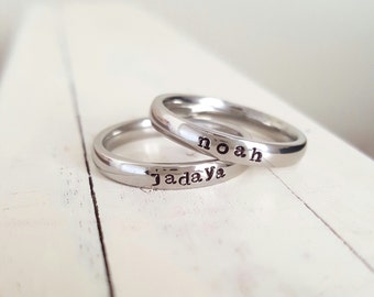 Stainless Steel Stacking Ring Name Ring 3 mm Hand Stamped ring stackable stamped jelwery name ring mothers ring hypoallergenic comfort fit