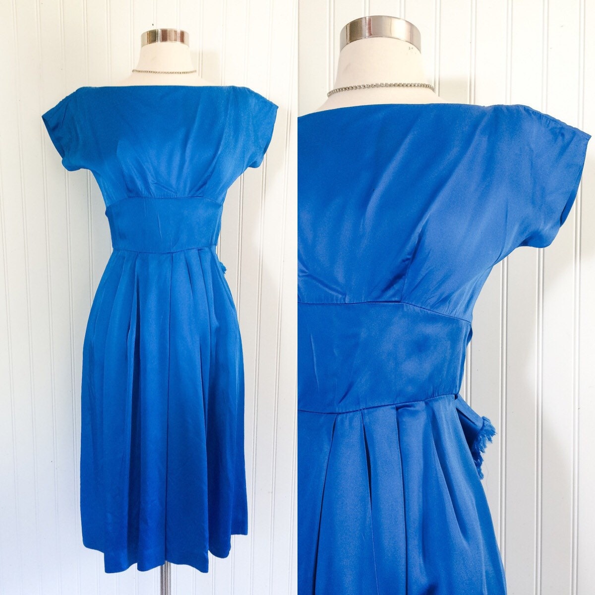 peacock blue vintage 1950s satin cocktail dress // plunging