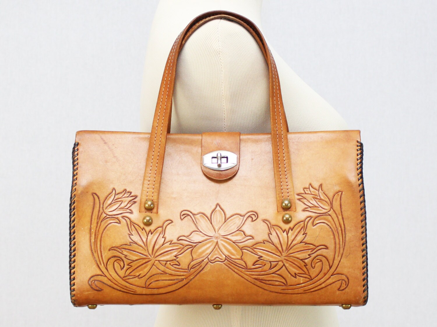 Hand Tooled Leather Satchel Handbag - Bohemian Leather Purse - Vintage 1960s Boho Hippie Bag