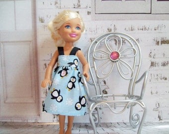Handmade Chelsea Doll Clothes - Blue, Black and White Penguin Dress, 5.5" Doll Clothes, Little Sister Clothes