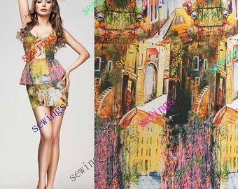 DISCOUNT cdk-4038 Abstractive House Digital Print Pattern Pure Silk Fabric Crepe de Chine by Meters/ Yards Dressmaking Material online