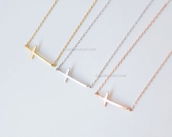 rose Gold sideways cross necklace, skinny cross necklace, dainty everyday necklace, wedding, birthday, bridesmaid gifts,