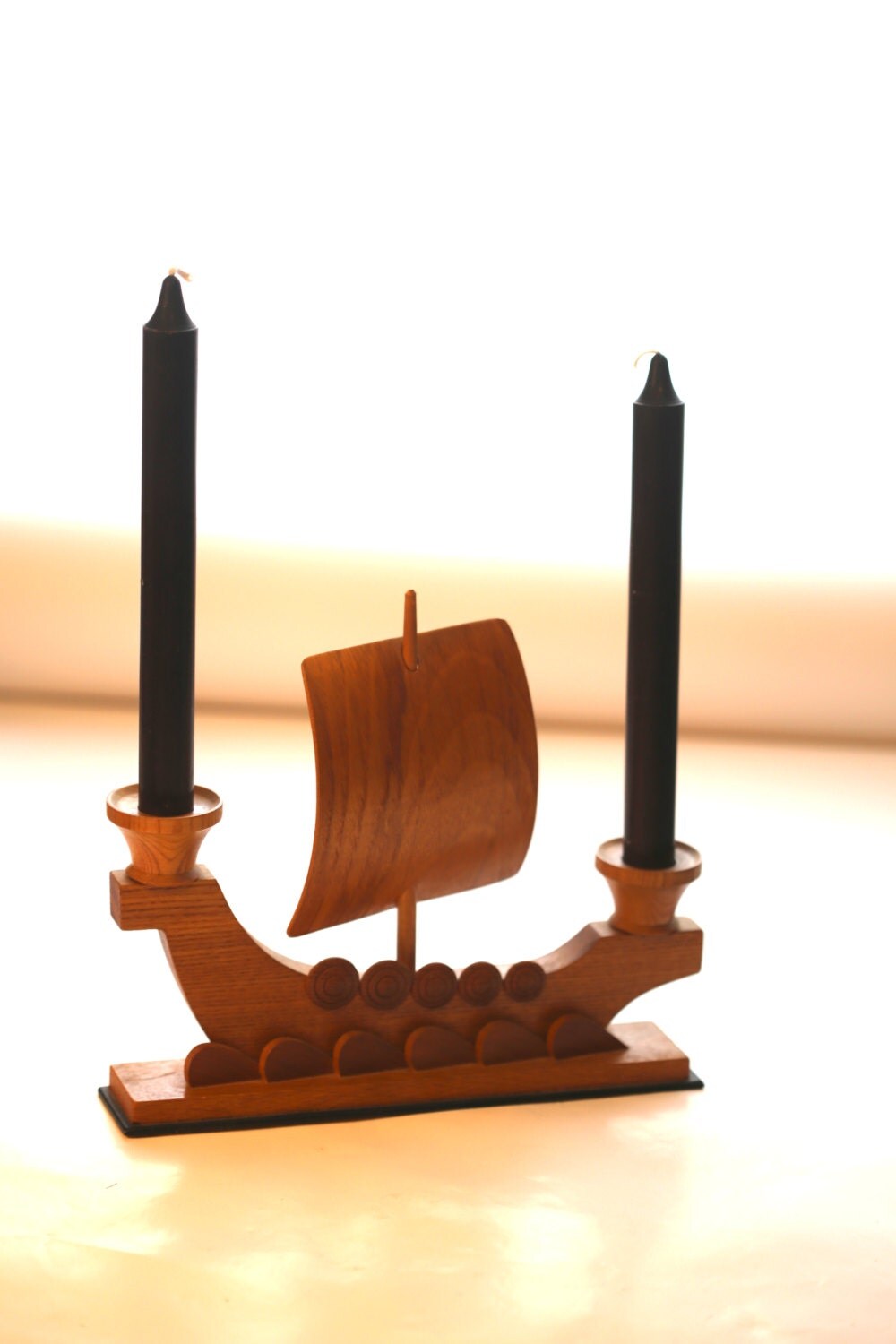 Vintage wooden Viking boat shaped candle holder candlesick