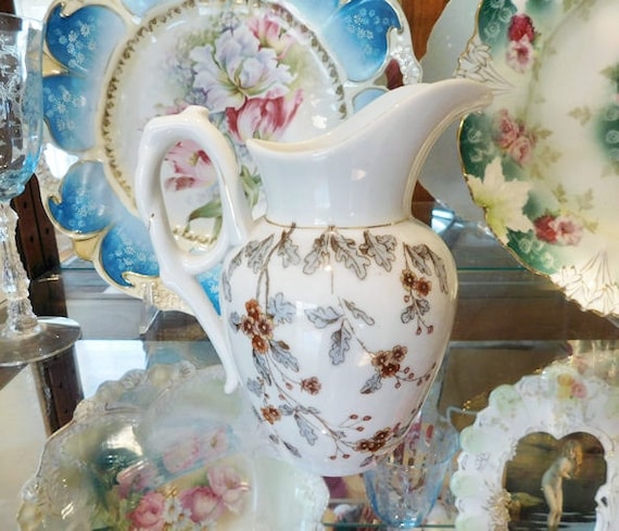 1800s Antique Ironstone Milk Creamer Pitcher Victorian Aesthetic Period Carlsbad Austria Marx Gutherz Brown Polychrome Floral Transferware