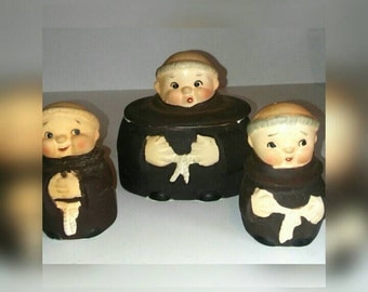 Friar Tuck Table Set | Salt Pepper & Sugar Bowl | Vintage 1950's 1960's | Enesco Japan | Kitschy Kitchen