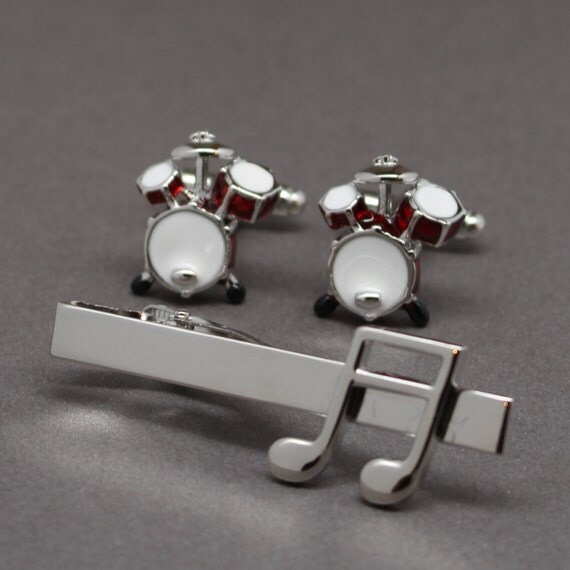 Music Note and Drum Kit Cuff Link Tie Clip Gift Set by EpicEmblem