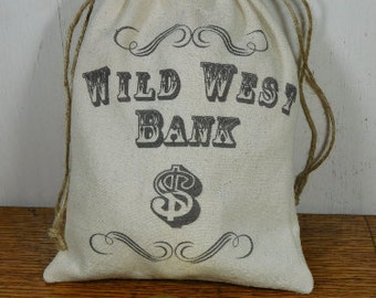 Wild West Bank Bag and Wooden Coins, Western Money Sack, Pretend Cowboy Dramatic Play, Photo Props, Birthday Party Loot Bags, Personalize it