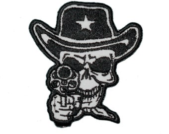 Sheriff Death Skull with Six Shooter Cowboy iron on patch embroidered biker Logo