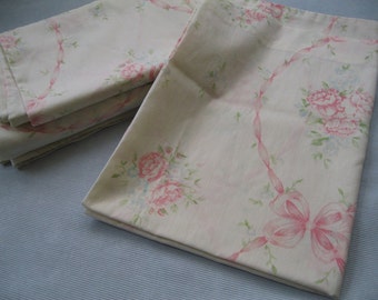 Vintage Flat Sheet & Pillowcases for Double/ Full Bed, Shabby Chic Pink Green Mix Match Cottage Floral Bedding, Bedroom Decor, Peonies