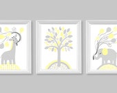 Soft spring sunshine: Nursery Art, Baby Decor, Modern Nursery, Pale Yellow and Grey, Giraffe Nursery, Elephant Nursery, Balloons, Tree, Gender Neutral Baby Decor