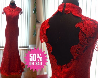 Red wedding dress, red lace cheongsam, red lace wedding cheongsam, red cheongsam