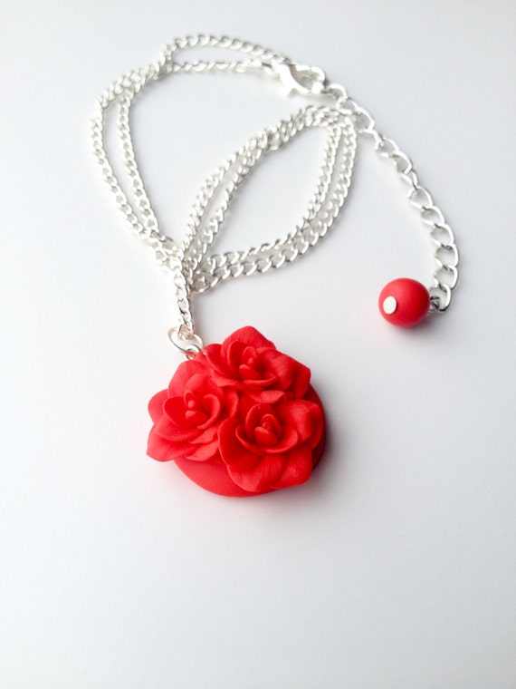 Polymer clay nacklace flower nacklace poppy by FioriStyleJewelry