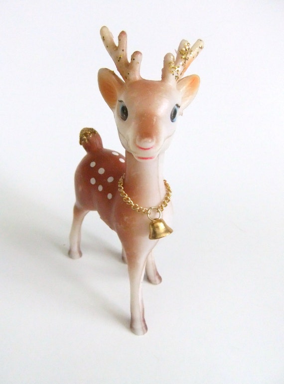 Plastic Reindeer Figurine Gold Bell Glitter White Spots